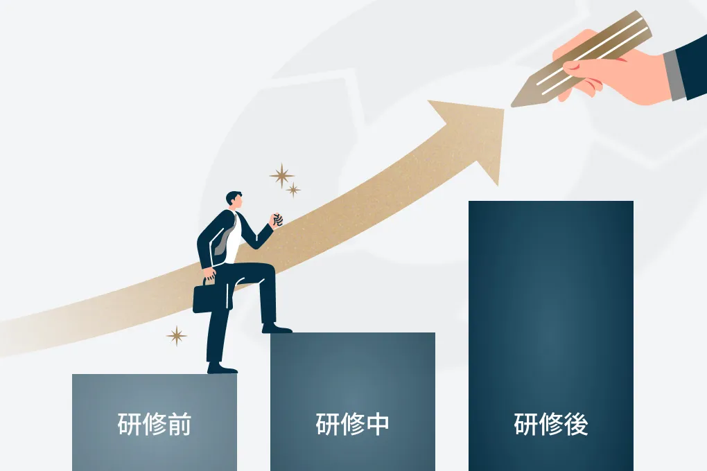 研修前・研修中・研修後の成長を示すイラスト